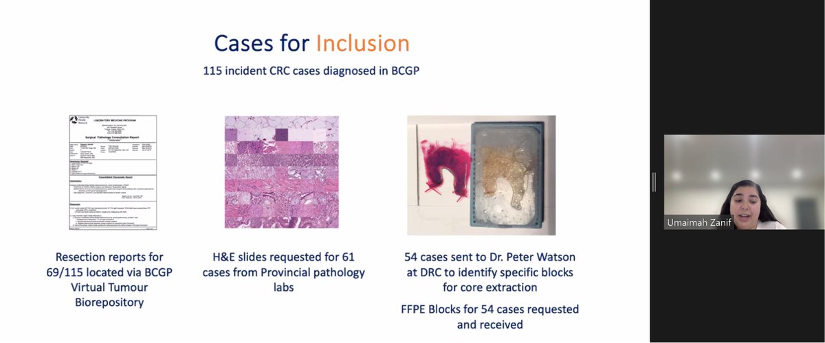 @mp_harwood @AwadallaLab @OICR_news @_CARTaGENE_ @ON_HealthStudy Moving to Umaimah Zanif's presentation 🌟 The objective of her Master's research is to explore the association of factors with expression of 2 biomarkers of prognosis in colorectal cancer tumours, SPAC & PD-L1. She supported the dev't of the BCGP Virtual Tumour Biorepository!