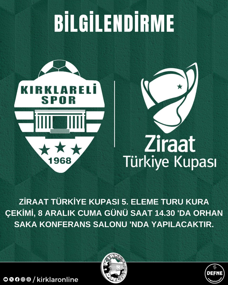 kirklaronline's tweet photo. 🏆 Kırklarelispor 'un Ziraat Türkiye Kupası 5. eleme turundaki rakibinin belli olacağı kura çekimi, 8 Aralık Cuma günü saat 14.30 'da Orhan Saka Konferans Salonu 'nda yapılacaktır.

- 

- 

#kırklareli #kırklarelispor #tff #ziraattürkiyekupası #haydikırklar #klu https://t.co/pbi2wL8mSP