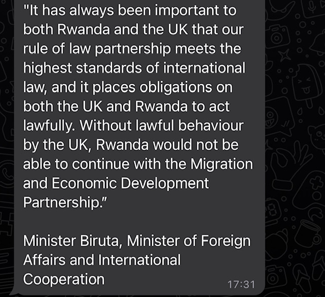 BREAKING: Rwanda government threatens to pull out of the deal if it does not adhere to international law. Hugely problematic - and potentially humiliating - for govt if its partner country decides the deal is too toxic. Statement below 👇