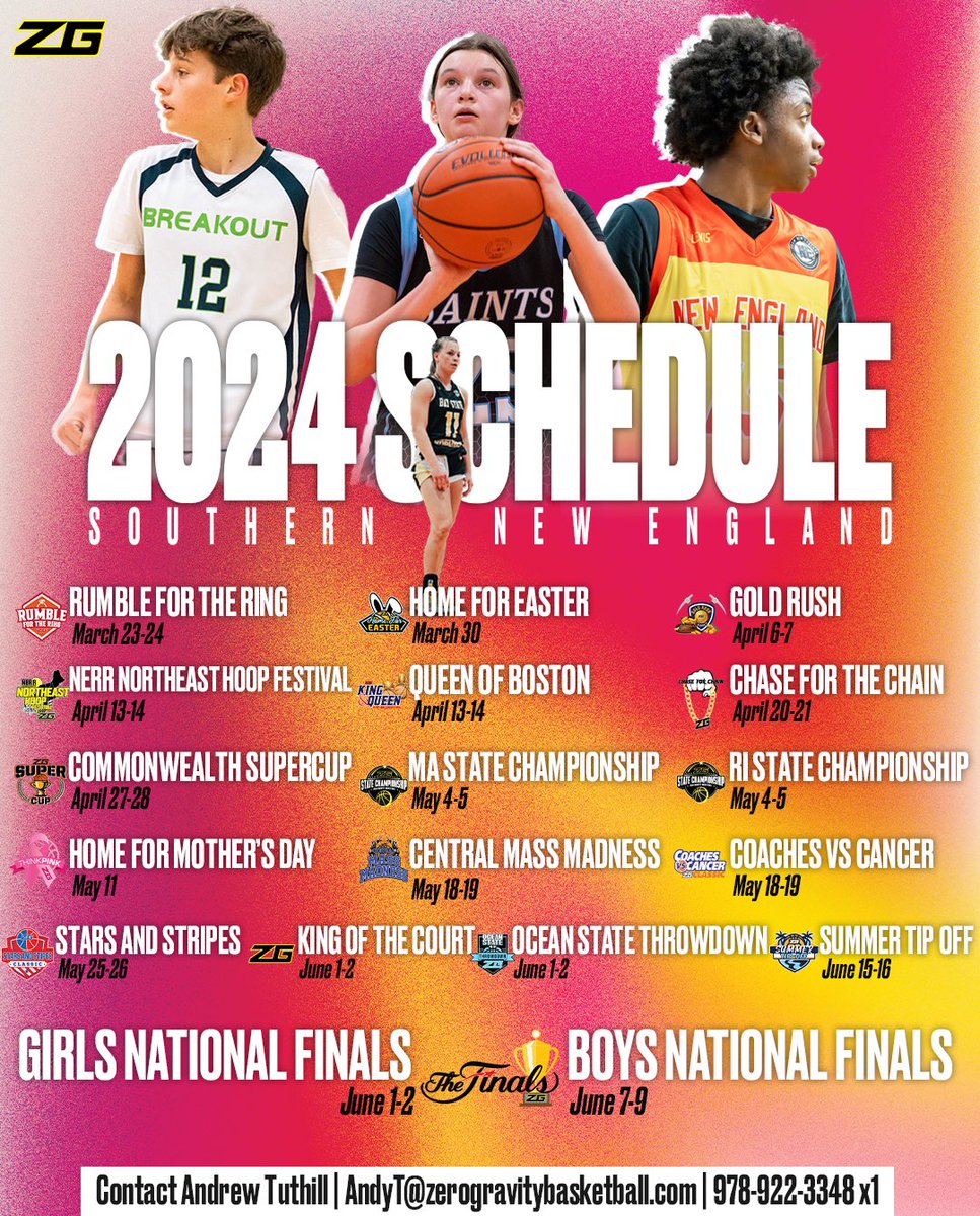 The Zero Gravity 2024 schedule is here! 🏀🔥 Who's ready to make their name  on the #RoadToZGFinals? Check out ⬇️ our entire Spring schedule! Link below  for more information 🔗https://t.co/aGml6CGceO, image size:967x1200