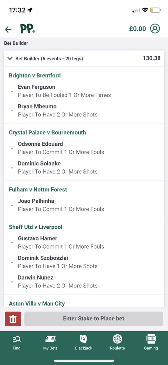PintosPunts's tweet photo. @AndyRobsonTips I’ve put this all together on paddy considering some markets unavailable such as tackles and avoiding players who are suspended/injured such as grealish and it comes in at 130/1! Worth a punt 👀 https://t.co/sZ8Bs2RoDs