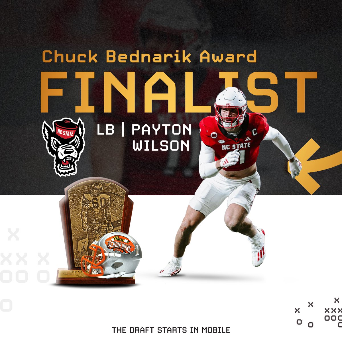 Congratulations 2024 Senior Bowl LB @payton_wilson21 from @PackFootball on being selected as the @ACCFootball Defensive Player of the Year AND a @MaxwellFootball #BednarikAward FINALIST! #BestOfTheBest #1Pack1Goal #TheDraftStartsInMOBILE™️