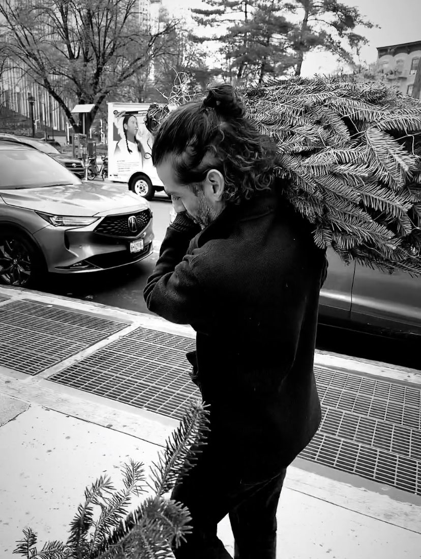 Oscar Isaac carrying a Christmas tree.