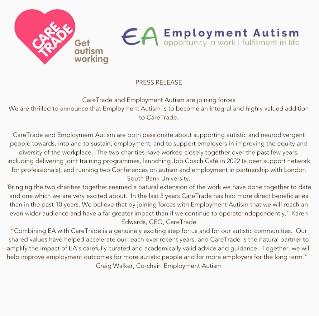 We are thrilled to announce that @CareTradeUK  & #EmploymentAutism  @EmployAutism are joining forces. We look forward to building on the success of both charities & plan for an exciting future together.  care-trade.org/caretrade-and-…
#Autism #getautismworking #Neurodiversity