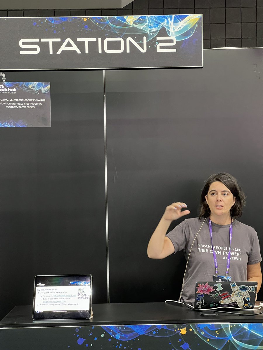 Our own @verovaleros presenting today at the @BlackHatEvents #arsenal the AI VPN, a free software AI-powered network forensics tool developed as part of the @civilsphere project. Check out our repository: bit.ly/AIVPNTool

#BHEU #infosec #CyberSec #TrafficAnalysis #bheu23