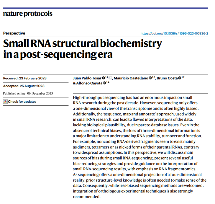 Our perspective on biases in small RNA-seq (and what can we do about it) has just been published in <a href="/NatureProtocols/">Nature Protocols</a>. 

📚You can read it here: rdcu.be/dsUb5
🧬Long live the old-fashioned #biochemistry!