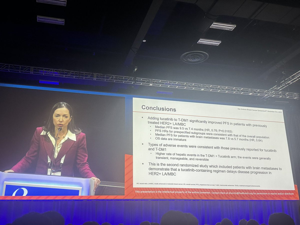 Great data HER2CLIMB-02 @SABCSSanAntonio T-DM1 + Tucatinib improves PFS, ORR in pts with brain mets! Q on the sequencing of T-DXd and T-DM1 + Tucatinib in pts with brain mets still remains! @OncoAlert @RoswellHemOnc #SABCS23 #SaraHurvitz