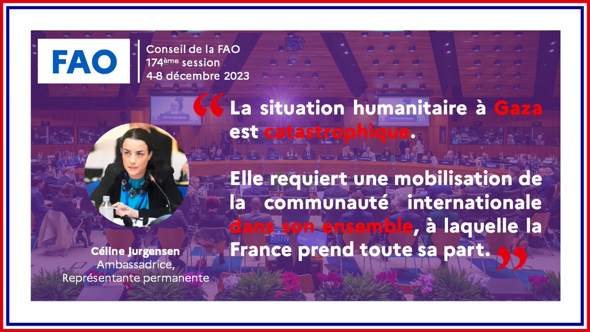 FranceONURome's tweet image. Conseil de la @FAO | #CL174 | Point 5

Déclaration de la France 🇫🇷 sur la situation à #Gaza en matière de sécurité alimentaire.

Lire ici 👉 bit.ly/46Q08rc