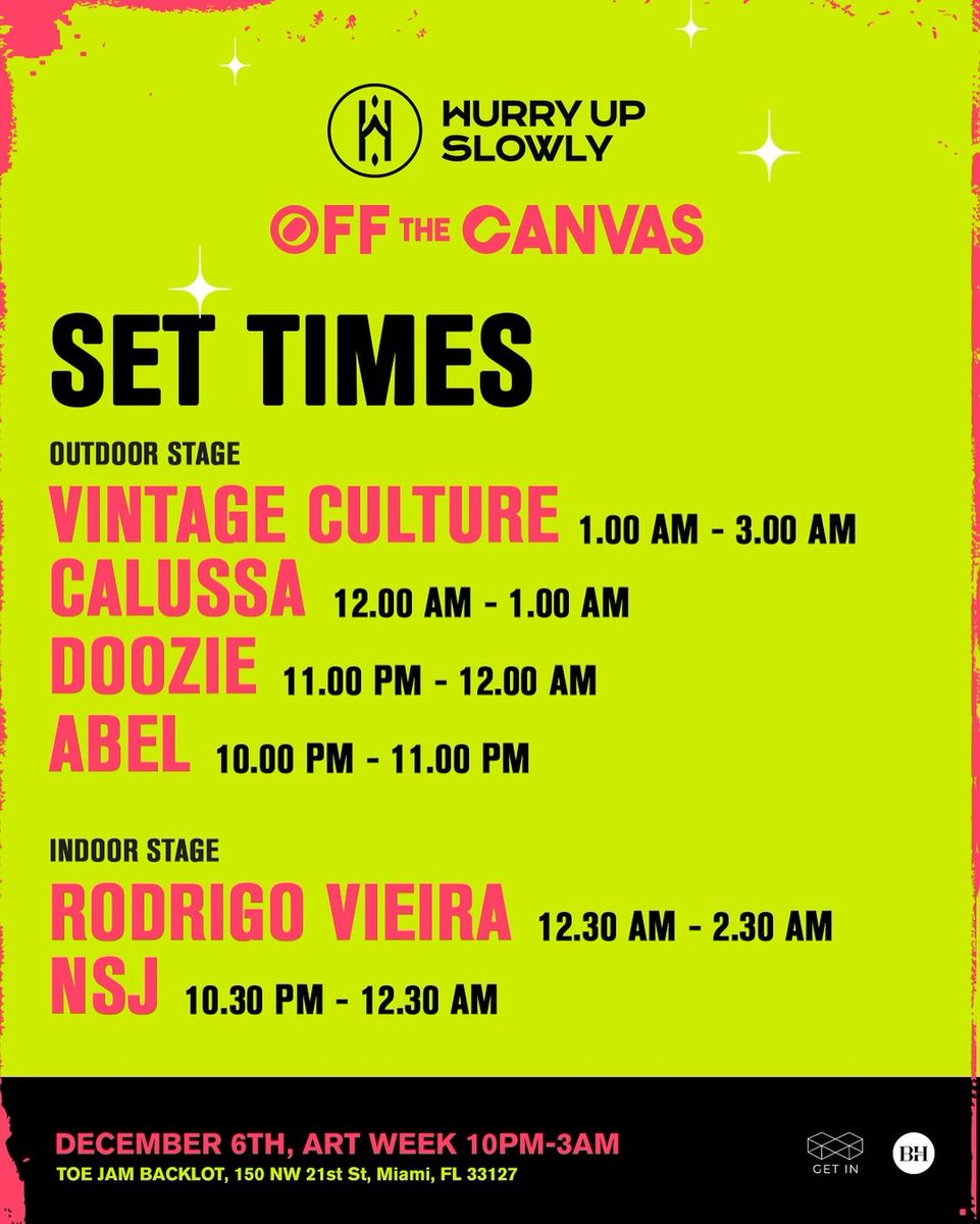 Set times for #OffTheCanvas tonight! 🎨🕺🏼 Prices are increasing! Get your tickets now: get-in.com/en/295764?sell…🎟 #MiamiArtWeek #ArtBasel #VintageCulture