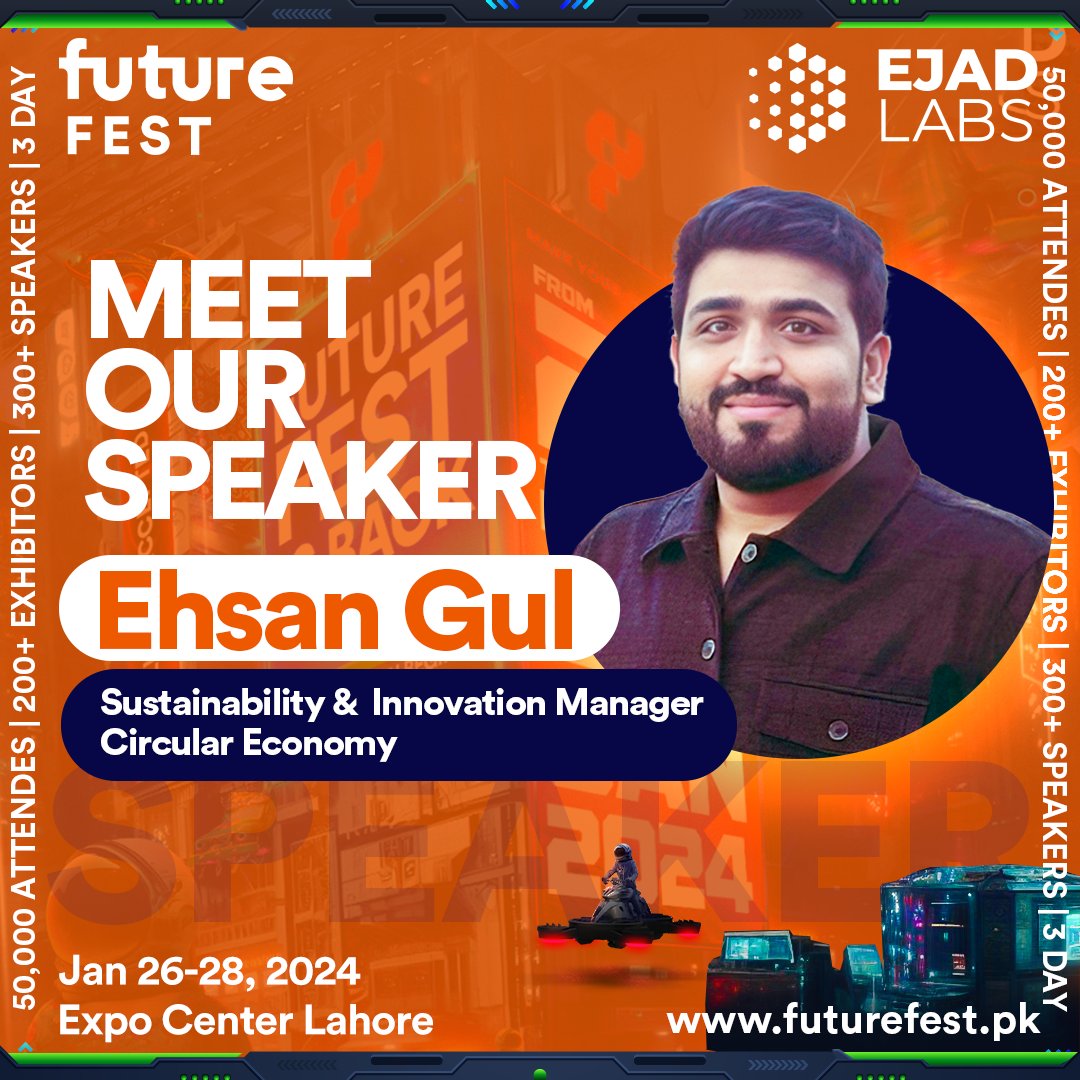 FutureFestPK's tweet photo. 🎤 Introducing Future Fest 2024 speaker.

@ehsangul23, Sustainability and Innovation Manager at @circeco_sa  is known for his expertise in integrating ESG principles into business strategies. With a focus on ethical supply chains and resource management, Ehsan has effectively mobilized over 20 million USD for sustainability initiatives across the Asia Pacific and MENA regions.

🎉 Are you ready to Fest again? Pakistan's largest tech conference is coming back for the 3rd year - lighting up Expo Center, Lahore, from 26-28 January 2024.

🎫 Don't miss out; pre-register now: https://t.co/hZiSc0QNFC

#futurefest2024 #ChallengeAccepted #thinkimpossible