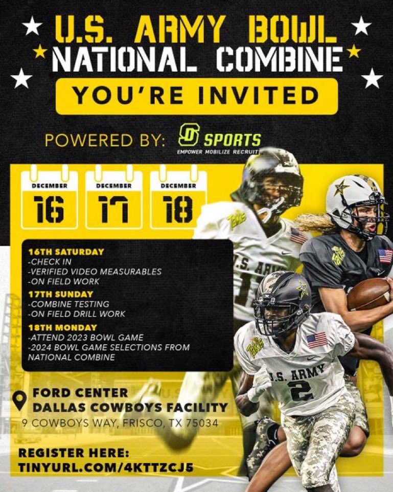 Thank you @Coach_Sokol for the invite to participate in the <a href="/USArmyBowl/">Military Appreciation Bowl Week</a> combine. Very excited to compete and show off my skills!!