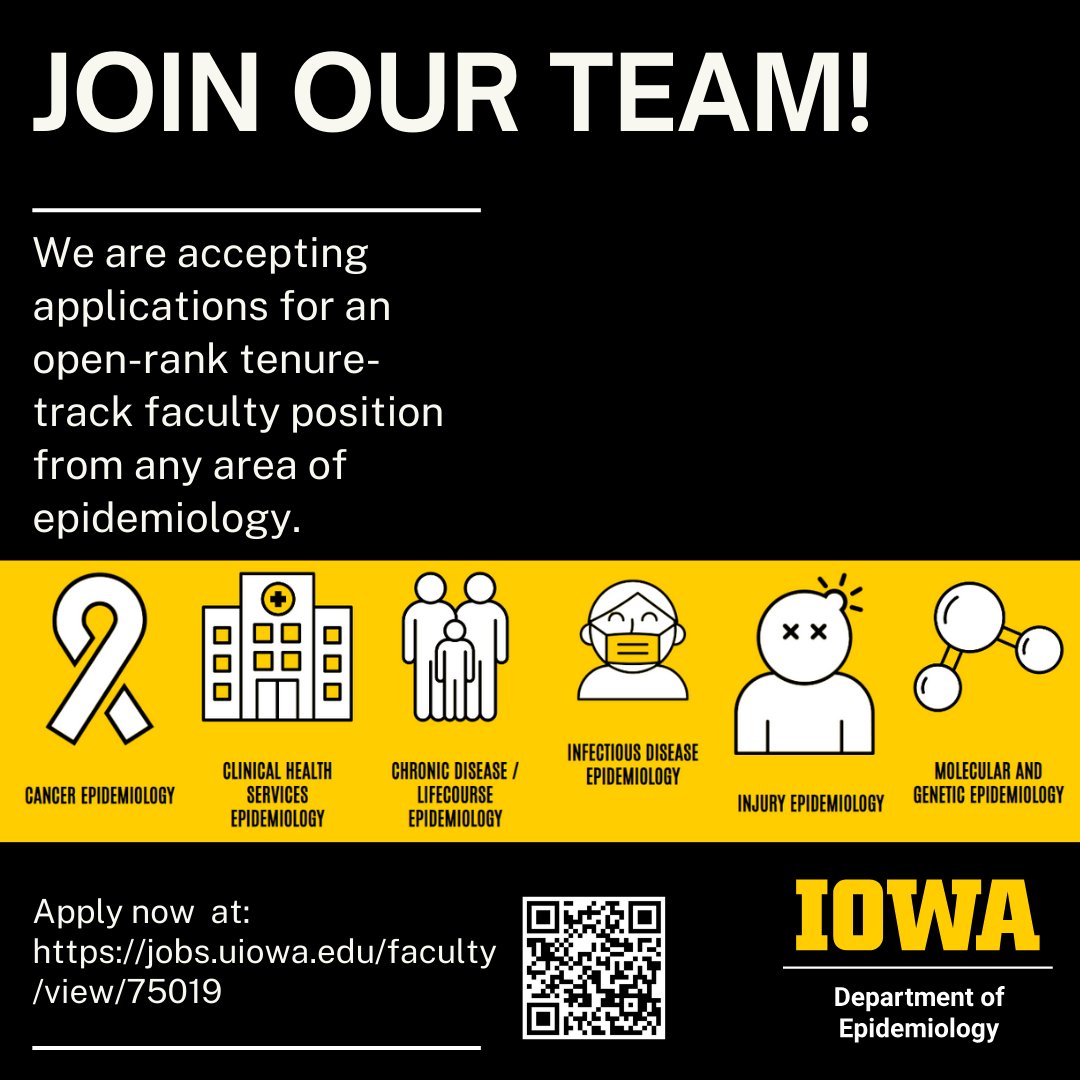 IowaEpi's tweet photo. Come work with us! We are inviting applications for an open-rank tenure-track faculty position. We welcome applications from any area of epidemiology. Please share this widely with anyone who may be interested! https://t.co/DU74K9mBpu! @societyforepi @join_ace @Epijobs https://t.co/2dXBmyefW1