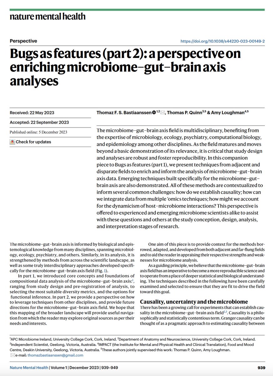 Bioinformatics meets the gut-brain axis
Really proud of our postdoc bioinformatician <a href="/Thomazsan/">Thomaz Bastiaanssen, PhD</a> who led these papers in <a href="/NatMentHealth/">Nature Mental Health</a> with Thom Quinn &amp; <a href="/MBmicrobiome/">Dr Amy Loughman</a>
"Bugs as features: concepts and foundations for the compositional data analysis of the microbiome–gut–brain axis"