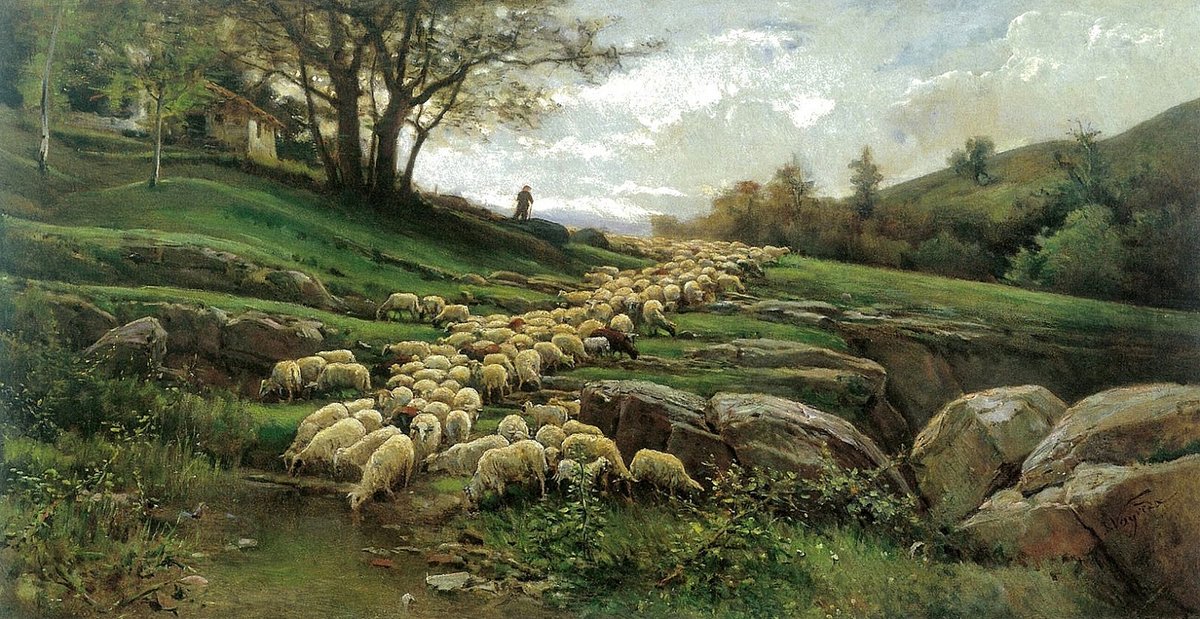 JOAQUIM VAYREDA Pintor Español 1834-1894 'Paisaje con Rebaño de Ovejas' - 1881 .