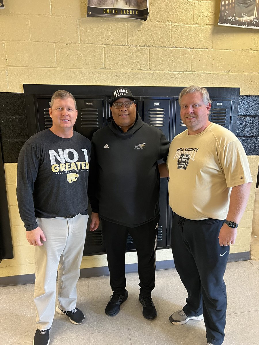HaleCoFootball's tweet photo. Thank you to @CoachDABrown and @BamaStateFB for stopping by and looking at some of our Hale County Football Players!!! #gocats #recruithale #ASUhornets https://t.co/eFkeJkGkoB