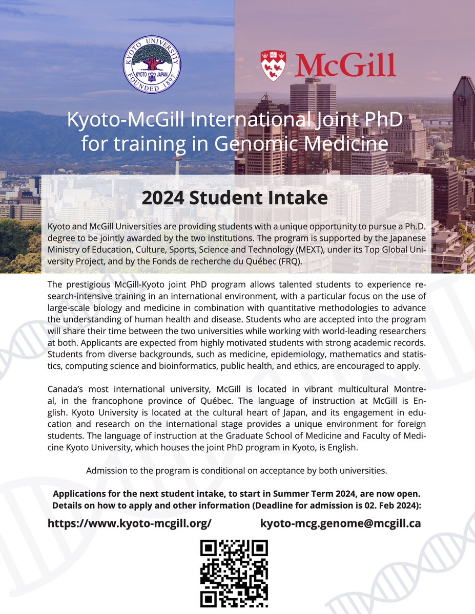 🚨 Looking for students for the McGill-Kyoto joint PhD program! 🚨 This is a unique opportunity to study in two amazing cities. Please RT.
<a href="/mcgillu/">McGill University</a> <a href="/KyotoU_News/">Kyoto University</a> <a href="/Ashbi_KyotoU/">WPI-ASHBi</a> <a href="/McGillGenome/">McGill Genome</a>