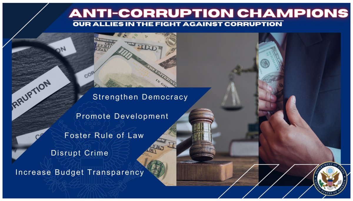 USEmbassyMNE's tweet image. The fight against corruption is a U.S. priority. We are proud to honor this year’s group of International Anti-Corruption Champions. Join us on December 7 to highlight 11 honorees from around the world who courageously work to combat corruption. #ACCA2023