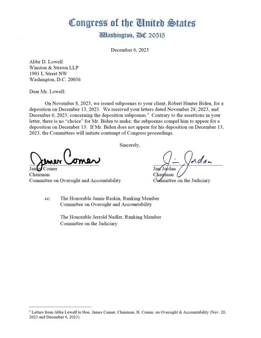 ChuckCallesto's tweet photo. BREAKING NOW: Hunter Biden ORDERED TO APPEAR before congress on December 13, 2023..

Proceedings for CONTEMPT OF CONGRESS will be immediately initiated if Hunter does not appear. https://t.co/vibLCRCfJ4
