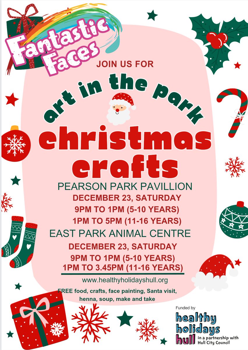 Here is the first of the FREE, fun Art in the Park Christmas craft sessions with #FantasticFaces @pearsonparkhull! See poster below for details and visit healthyholidayshull.org @Hullccnews @Healthyholshull @DepartmentforEd @LoveParksHull @HCCWykeArea @VisitHull @hull_libraries