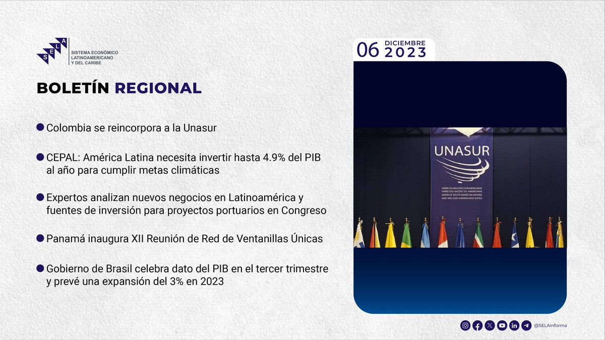 #SELAnoticias | Boletín Informativo 📰 El Gobierno de #Colombia 🇨🇴 oficializó su retorno a la @unasur y reafirmó su voluntad de tener una participación activa en el mecanismo de integración suramericana. Más en nuestro boletín informativo 👇 bit.ly/3uHRmhz