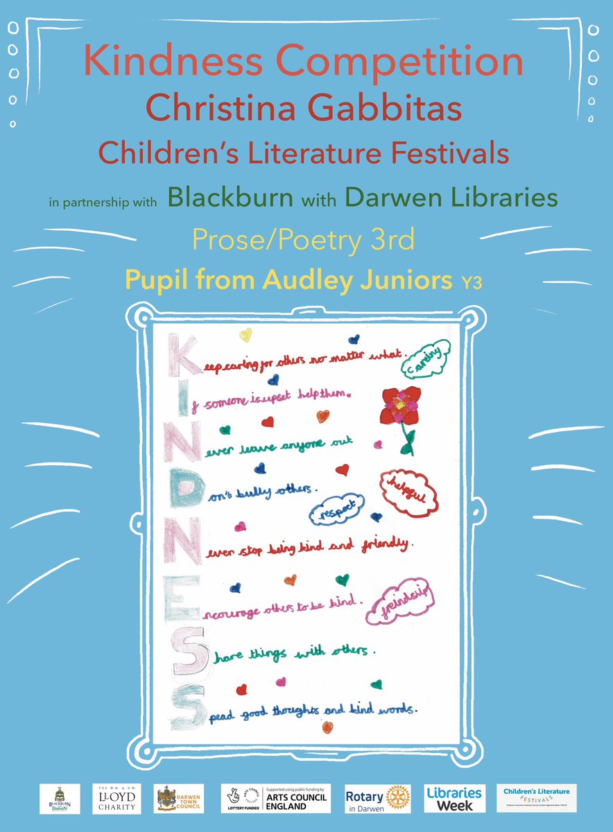 ChildrensLFests's tweet image. Here’s 3rd place for our poetry/prose category. #KindnessMatters #BeKindAlways @ace_national @ChristiGabbitas @BwDLibraries #LibrariesWeek #BeKindAlways