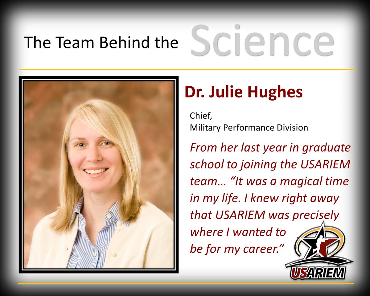 Meet Julie Hughes, Ph.D. She has been a part of @TeamUSARIEM team for 11 years. She started as an <a href="/ORISEconnect/">ORISE</a> fellow, then worked in Military Performance Division as a research physiologist. She recently moved into the role of Chief of the MPD. 

 usariem.health.mil/index.cfm/medi…