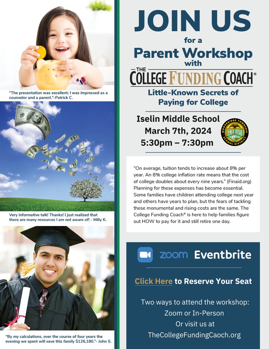 Save the date!🗓️ IMS will be hosting a parent workshop on strategies for paying for college. Never to early to start! 🎓Event is in-person or can join on Zoom. Zoom link can be found on your child's grade level's Google Classroom. @IselinMiddle