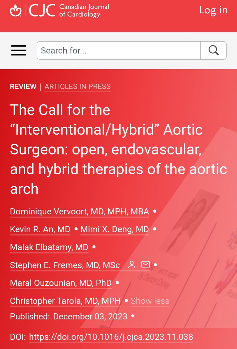 The rapid development of newer, total endovascular, & hybrid techniques & devices in aortic arch surgery gives rise to 📶 need for wire skills among aortic surgeons. In our @CJCJournals review, we make a call for the interventional/hybrid aortic surgeon: onlinecjc.ca/article/S0828-…