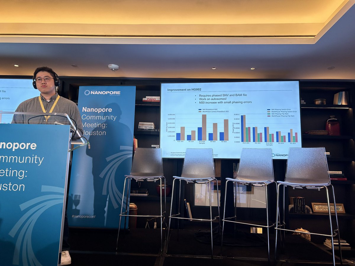 Brilliant talk by Yilei Fu on MethPhaser. Using single molecule methylation detection for phasing is one of the most exciting recent ideas in Nanopore Sequencing. #nanoporeconf