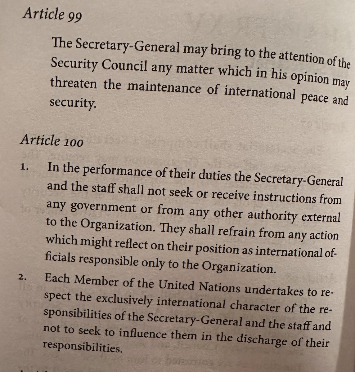 As we prepare for the reaction to the SG’s use of Article 99 of the @UN charter, let us also remind ourselves of Article 100. 🇺🇳