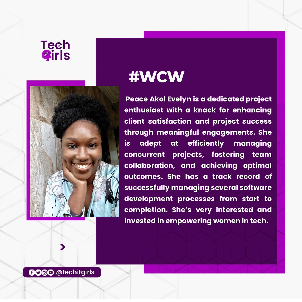 techitgirls's tweet photo. Today, we are celebrating Peace Evelyn Akol, one of the Cofounders of Techitgirls❤️
#WCW #techitgirls #womanpower💪 https://t.co/XNKx356oJ7
