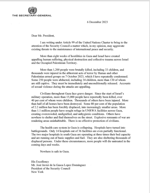 ONU_es's tweet photo. Por 1.ª vez, @antonioguterres invoca el artículo 99 de la Carta de la ONU, instando al Consejo de Seguridad a ayudar a evitar una catástrofe humanitaria en Gaza.

Apela al alto el fuego humanitario y afirma que la población civil no debe sufrir más daños.
https://t.co/OEJPs0HcEs https://t.co/TuVlloSidN
