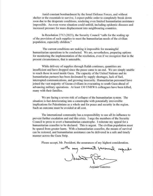 Por 1.ª vez, <a href="/antonioguterres/">António Guterres</a> invoca el artículo 99 de la Carta de la ONU, instando al Consejo de Seguridad a ayudar a evitar una catástrofe humanitaria en Gaza.

Apela al alto el fuego humanitario y afirma que la población civil no debe sufrir más daños.
news.un.org/es/story/2023/…