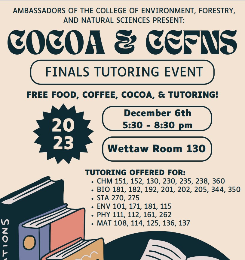 Tonight is a finals tutoring event for CEFNS undergrad students. Food and tutors provided! Stop on by!