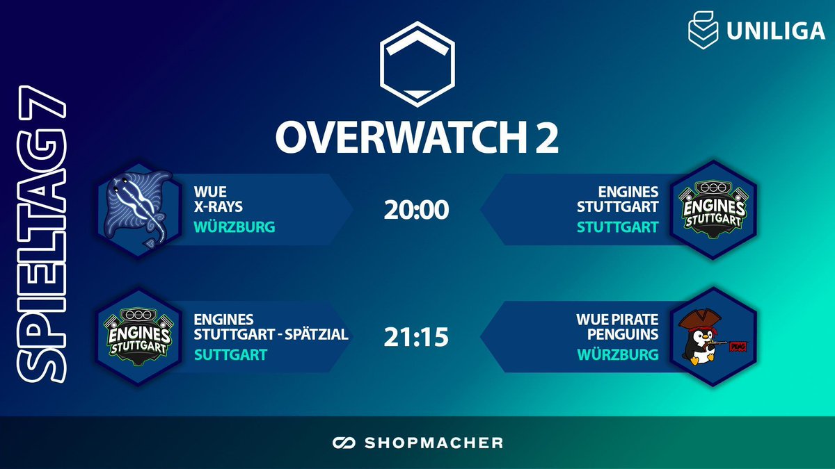 Heute gibt es <a href="/engines_stgt/">Engines Stuttgart e.V.</a> und <a href="/esportswue/">WueSports</a> im Doppelpack beim #OW2 Spieltag! 

⏰ 20:00 Uhr
📺 buff.ly/3ZkRJK8

🎬 <a href="/Cinzzya/">Cinzya</a> 
🎥 <a href="/Pimpoluxe/">Pimpo</a> 
🎙️  <a href="/Jakob_leps/">Jakob „JLEPS“ Schwinn</a> &amp; <a href="/JohnBishop_OW/">John Bishop</a>
