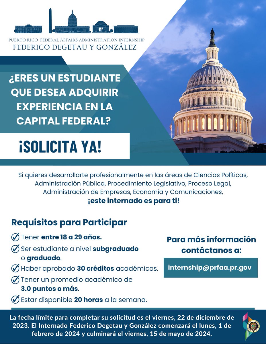 [Comunicado] El director ejecutivo de la Administración de Asuntos Federales de Puerto Rico, Luis Dávila Pernas, @dirprfaapr, anuncia la creación del Internado Federico Degetau y González, el cual se convierte en el primer programa de internado para que jóvenes universitarios…