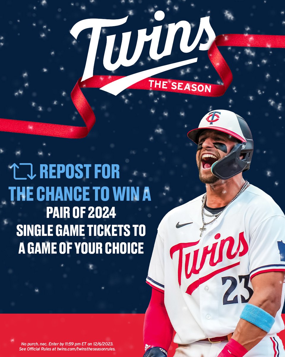 All we want this holiday season is to see you at Target Field! Repost for a chance to win a pair of 2024 single game tickets to a game of your choice! Rules ➡️ twins.com/twinstheseason… Can't wait? ➡️ twins.com/sgt