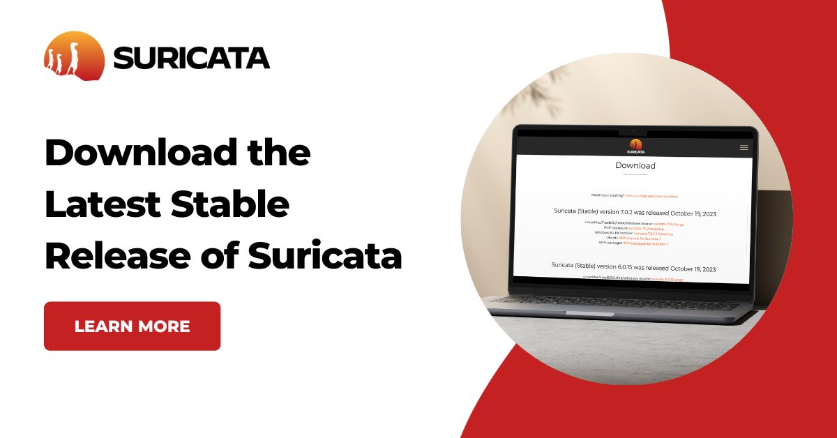 Get to know #Suricata and explore our full #OpenSource capabilities! Download the latest stable release of Suricata and benefit from its cutting-edge features. bit.ly/3uUfy0f Join our community and access various forms of support for Suricata. bit.ly/3NekbJ6