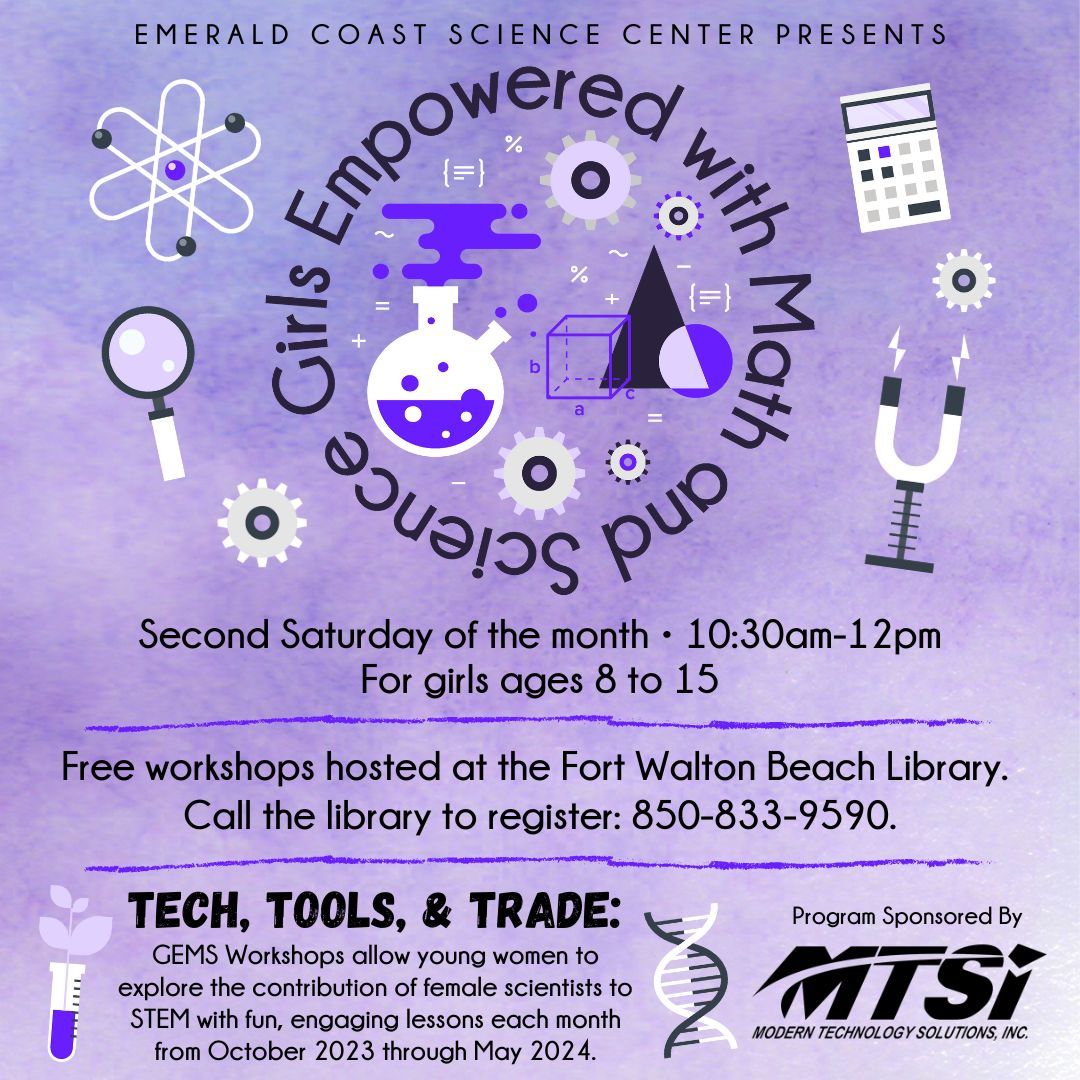 ECScienceCenter's tweet image. Join us for our GEMS Workshops every 2nd Saturday of the month at the Fort Walton Beach Public Library! Great for girls ages 8-15, GEMS is a free drop-off program that shows STEM topics can be pursued in education &amp;amp; career pathways. Learn more at buff.ly/3MXx0r9 👩‍🔬