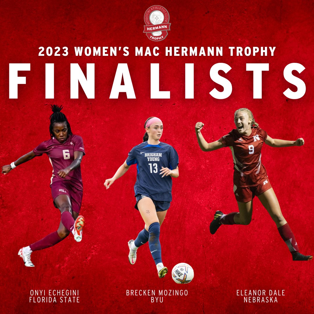 The United Soccer Coaches announced the 2023 Women’s MAC Hermann Trophy Finalists! Congratulations to @EleanorDalex of @HuskerSoccer, Onyi Echegini of @FSUSoccer and @breckenmozingo of @byusoccer_w. To read more, visit machermanntrophy.org @UnitedCoaches @macstlouis