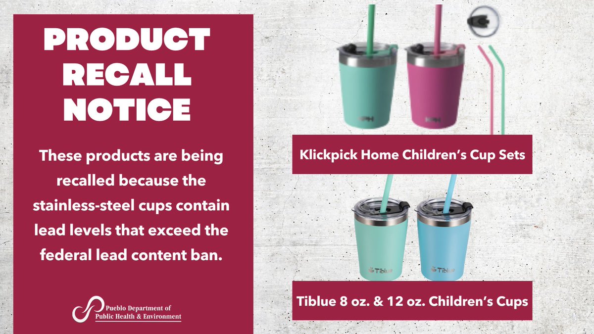 PuebloHealth's tweet photo. These products are being recalled because the bottom exterior of the stainless-steel cups contains an accessible solder lead with lead levels that exceed the federal lead content ban. More info about this recall and other product warnings are available at https://t.co/0AW3foTlJI. https://t.co/TCH5Hksb4I