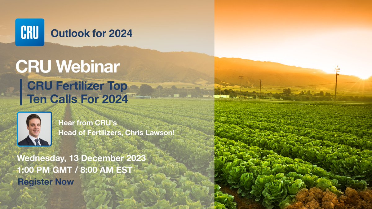 CRUGROUP's tweet photo. Join us on 13th December 2023 at 1:00 PM GMT / 8:00 AM EST for our complimentary "CRU Fertilizers Top Ten Calls for 2024" webinar. Our Head of Fertilizers, Chris Lawson, will guide you through the #fertilizer industry's latest developments.

Register now: https://t.co/6NVUK3wdDa https://t.co/6UVrOpUs9J
