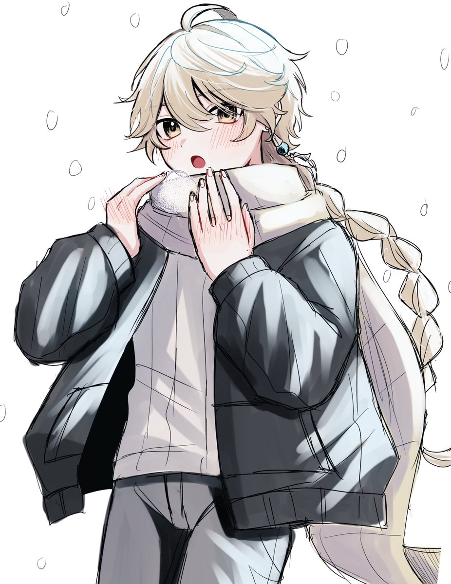 aether (genshin impact) 1boy male focus blonde hair braid long hair scarf earrings  illustration images