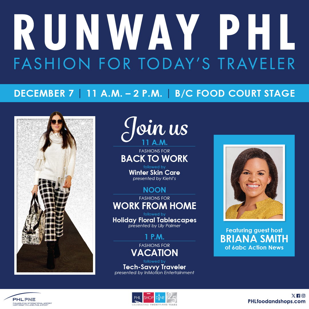 The #PHLAirport fashion show is back! Join us tomorrow in the B/C Food Court for Runway PHL featuring guest host Briana Smith of 6abc Action News and an all-PHL employee model cast. Enjoy fashion for today's traveler, showcasing clothing and accessories from locations across PHL!