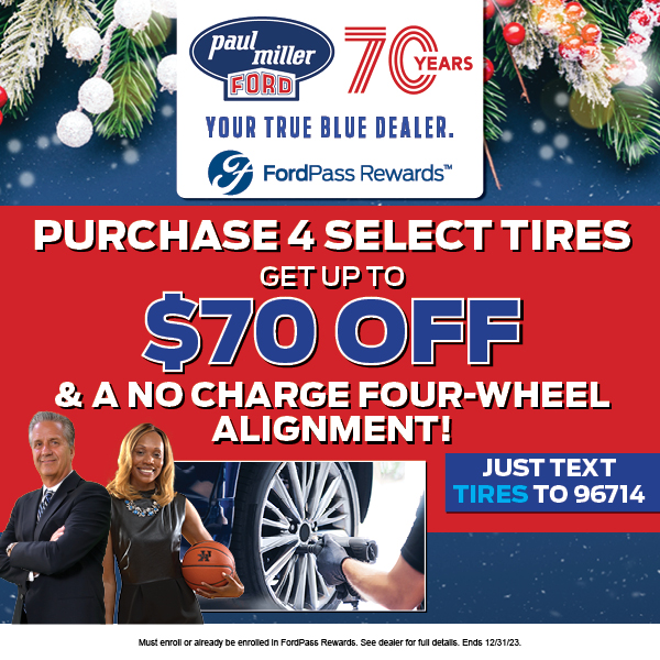 Buy 4 select tires and get up to $70 off, plus a no-charge 4-wheel alignment. It's the perfect way to ensure your ride is safe and efficient as we head into winter. ❄️ Just text 'TIRES' to 96714 and grab this offer while it lasts!
