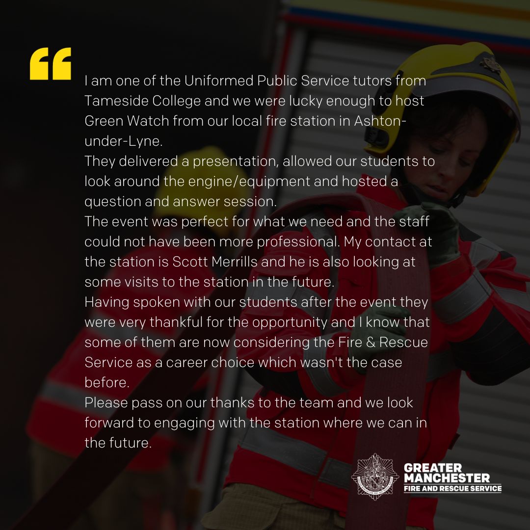 manchesterfire's tweet image. Inspiring future firefighters?...All in a day's work for #Ashton Green Watch!
Lovely feedback from @TamesideCollege ❤️ 🧑‍🚒