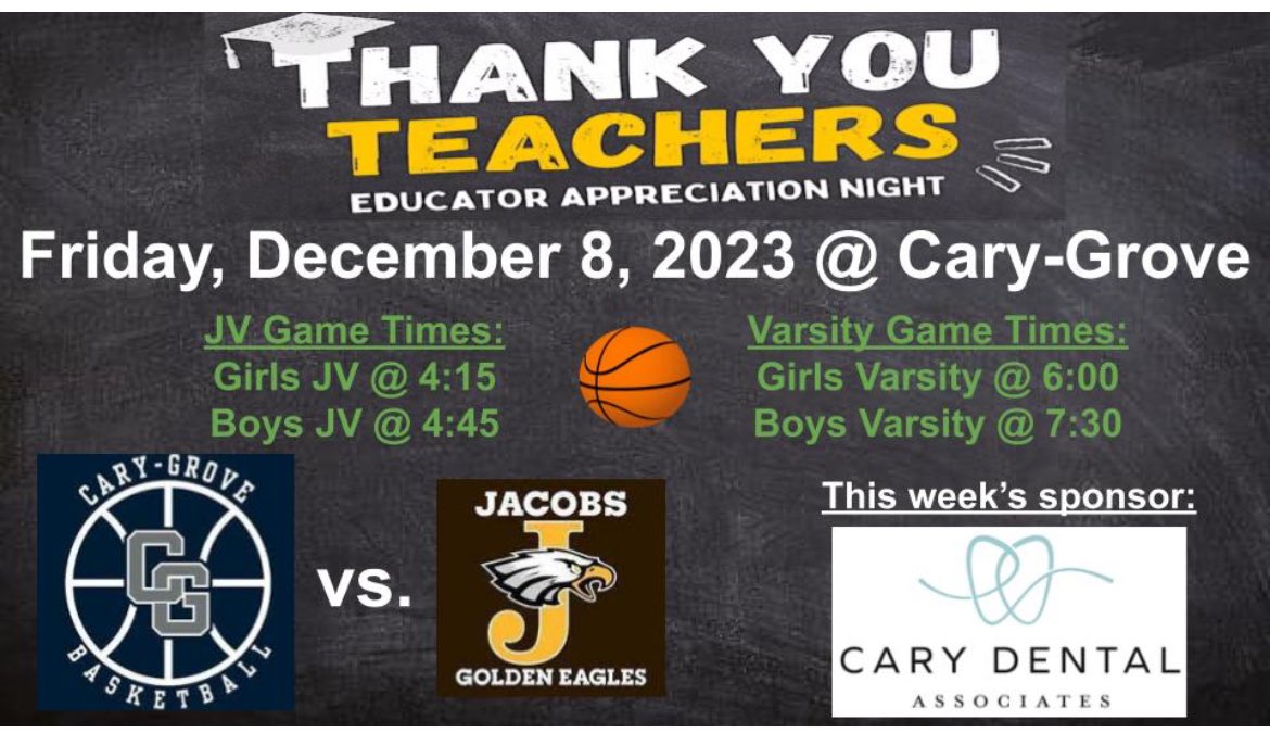 This Friday our junior/senior @CaryGroveGBB and @CaryGroveHoops players are celebrating some of their favorite teachers.  Come out and show them how much we appreciate them.  #thankyouteachers #gotrojans🏀