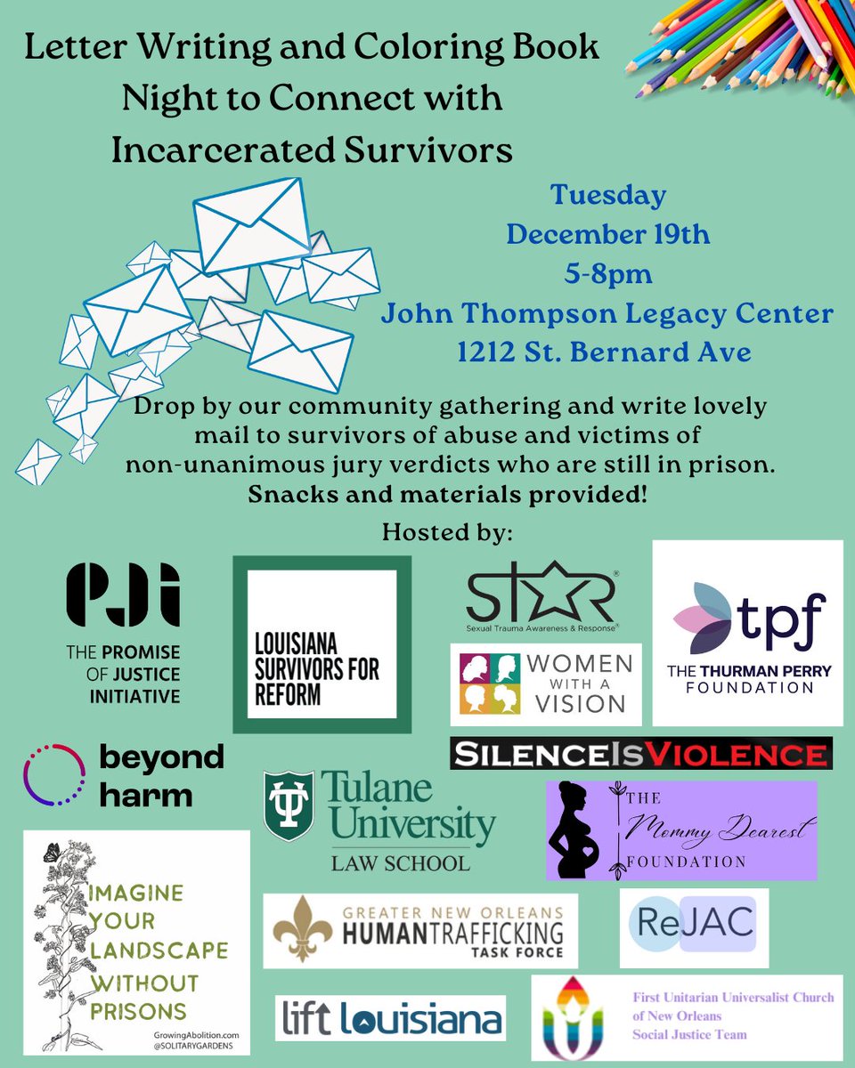 Join LSR and all these amazing folks on Tues Dec 19th for a Letter Writing and Coloring Book Night to Connect with Incarcerated Survivors. Drop by to write lovely mail for survivors of abuse and victims of non-unanimous jury verdicts who are still in prison. 5- 8 pm at JTLC!