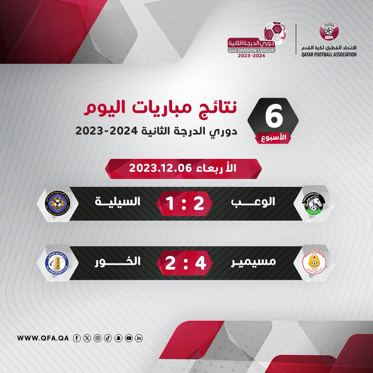 🗒- نتائج مباريات اليوم من الجولة السادسة من #دوري_الدرجة_الثانية لموسم 2023/2024🏆.