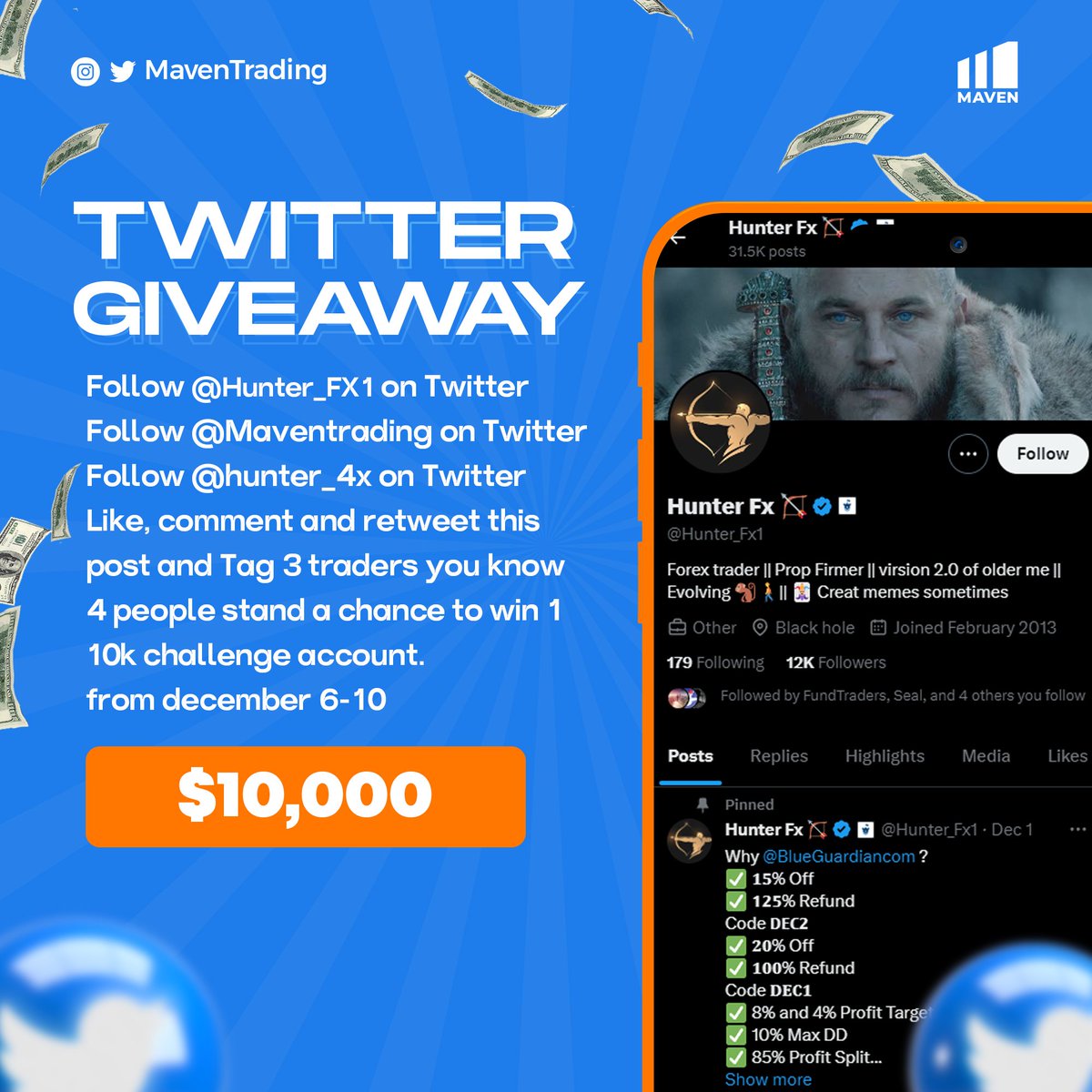 Hunter_Fx1's tweet photo. 🎁 Giveaway Time 🎁
✔️ 4x 10k for grab
✔️ From Maven Trading
✔️ To Enter Follow
@Hunter_Fx1 
@hunter_4x
@Maventrading
✔️ Like , Comment &amp; Retweet
✔️ Tag 3 Trades
⏰ 10th December https://t.co/HB5lr87gtM